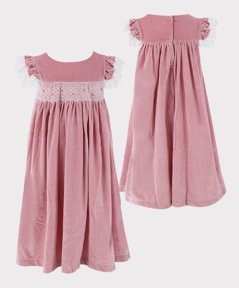 Girls Smocked Velvet Sleeping Gown 2 Pieces Set - Pink