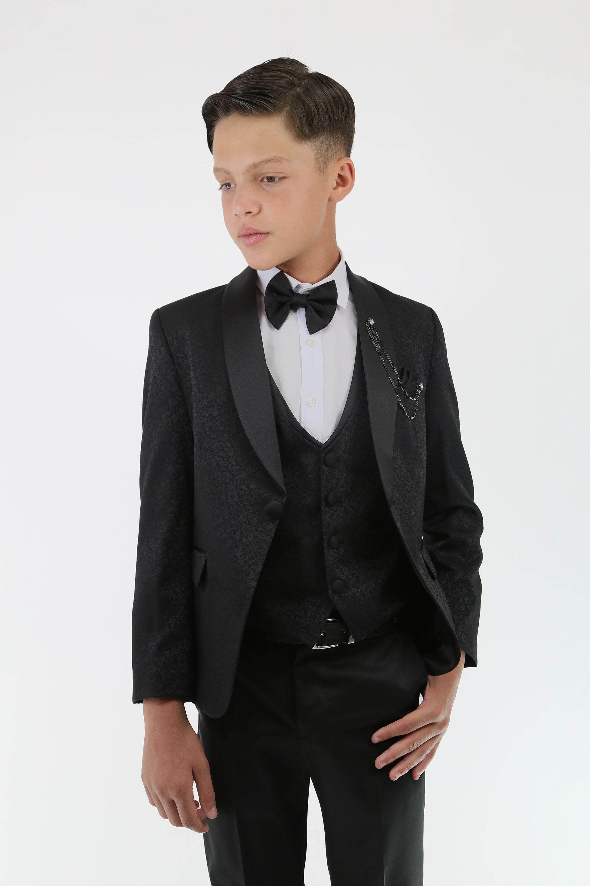 Boys Tuxedo Floral Patterned Dinner Suit 7 PC Set - Black