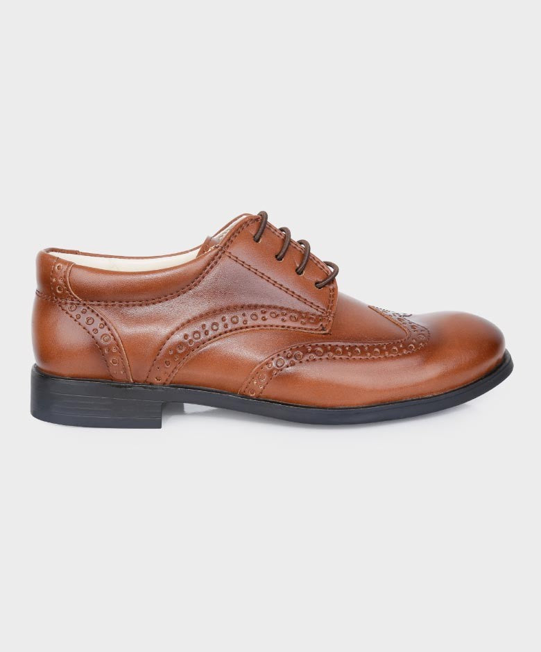 Boys Derby Brogue Lace Up Dress Shoes - Tan Brown