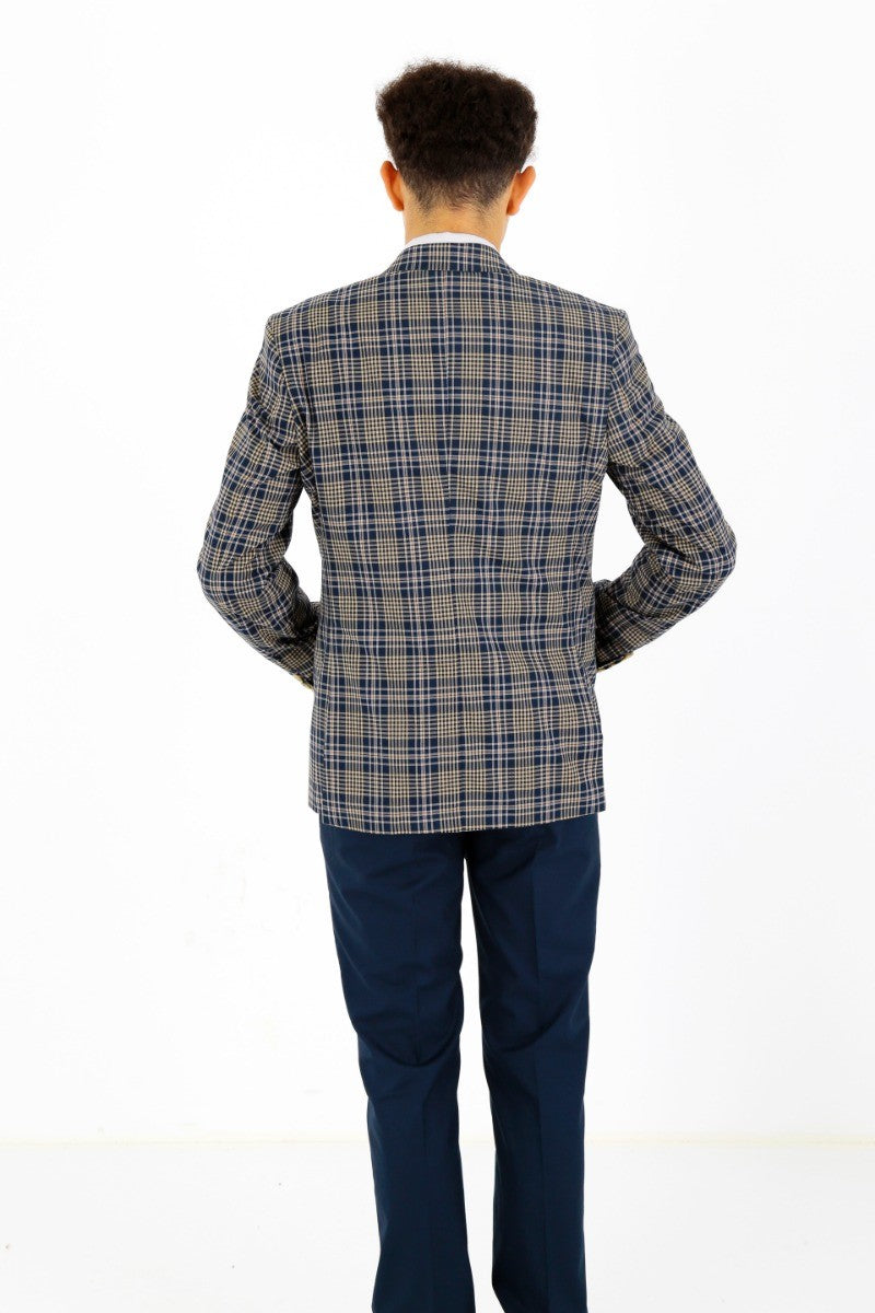 Boys Plaid Check Slim Fit Suit - Navy Blue- Beige