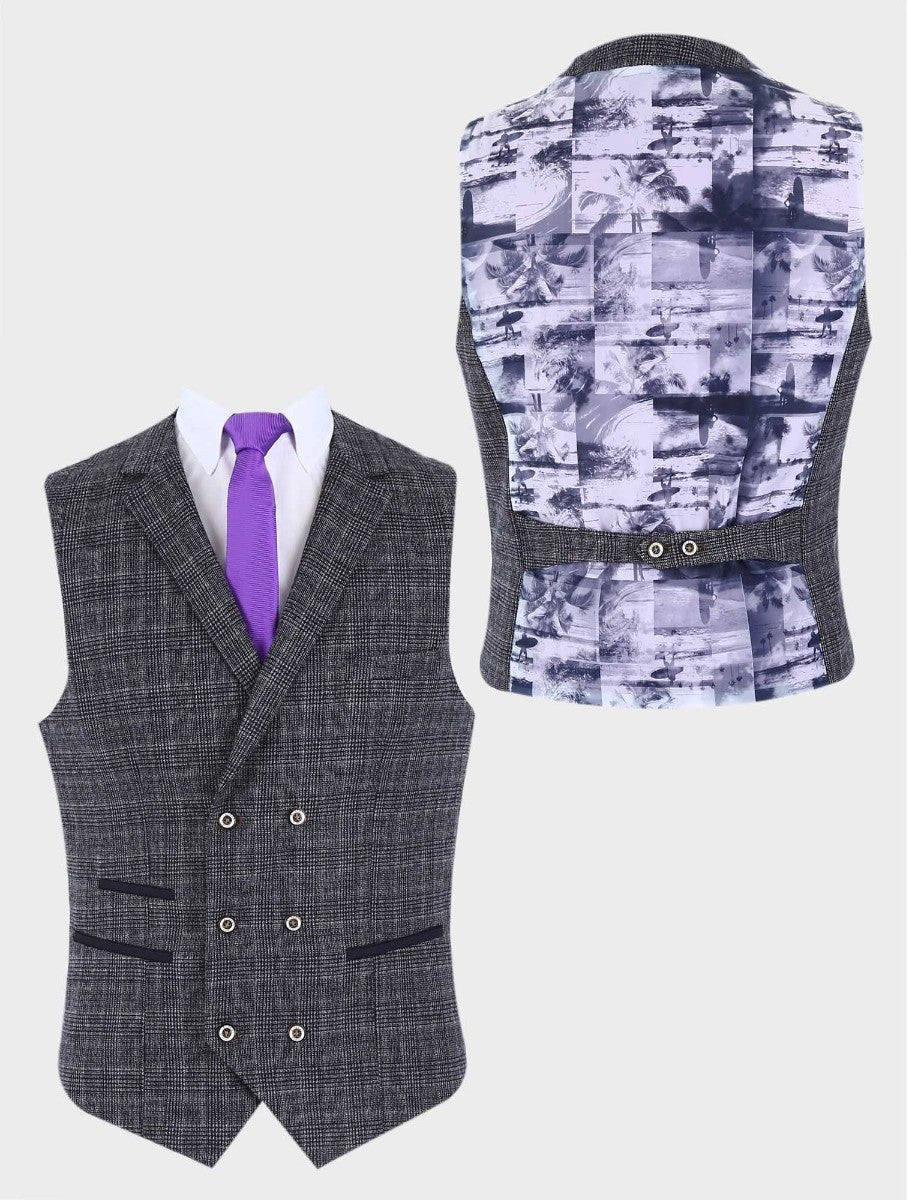 Men's Tweed Houndstooth Check Grey Waistcoat - Grey