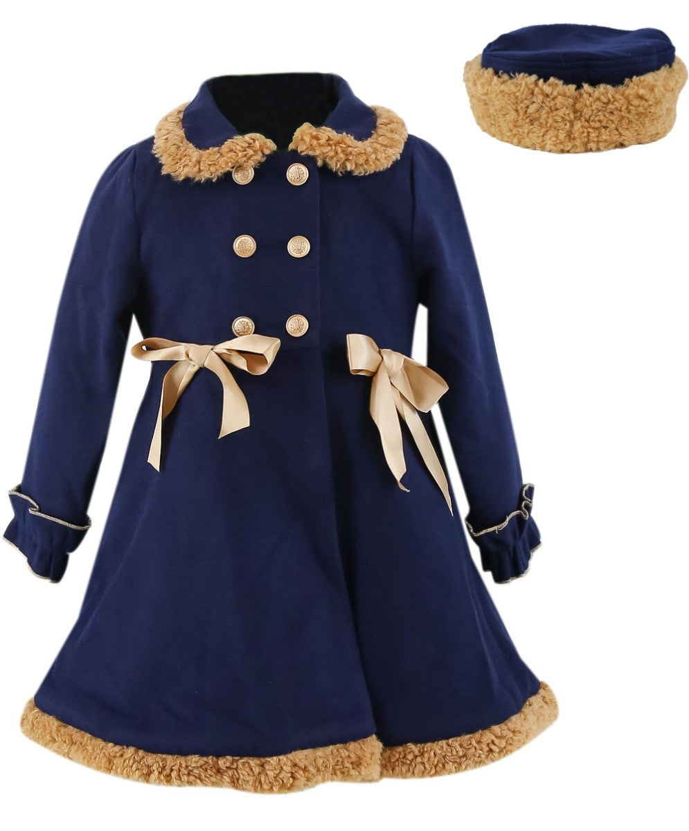 Girls Double-breasted Mid-Length Felted Wool Coat Set - Navy Blue