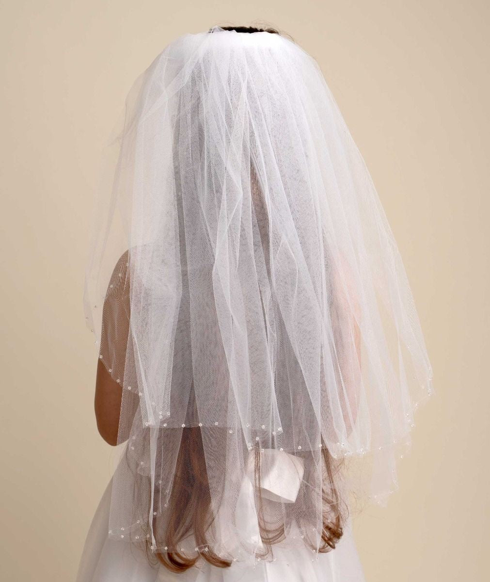 Girls' White Embellished Edge Layered Tulle Veil - VL131