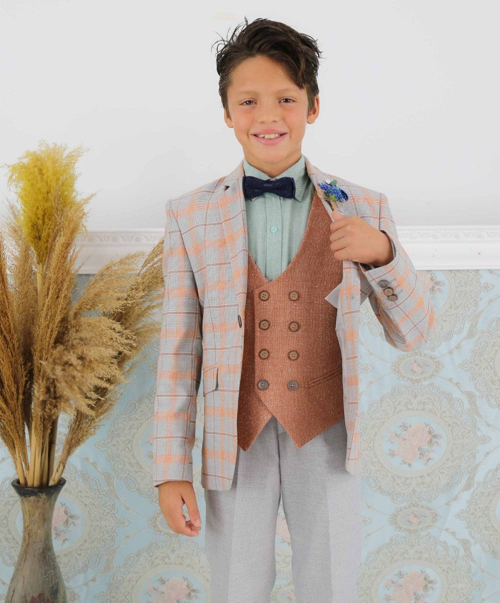 Boys Slim Fit Windowpane Check Suit Set - Grey