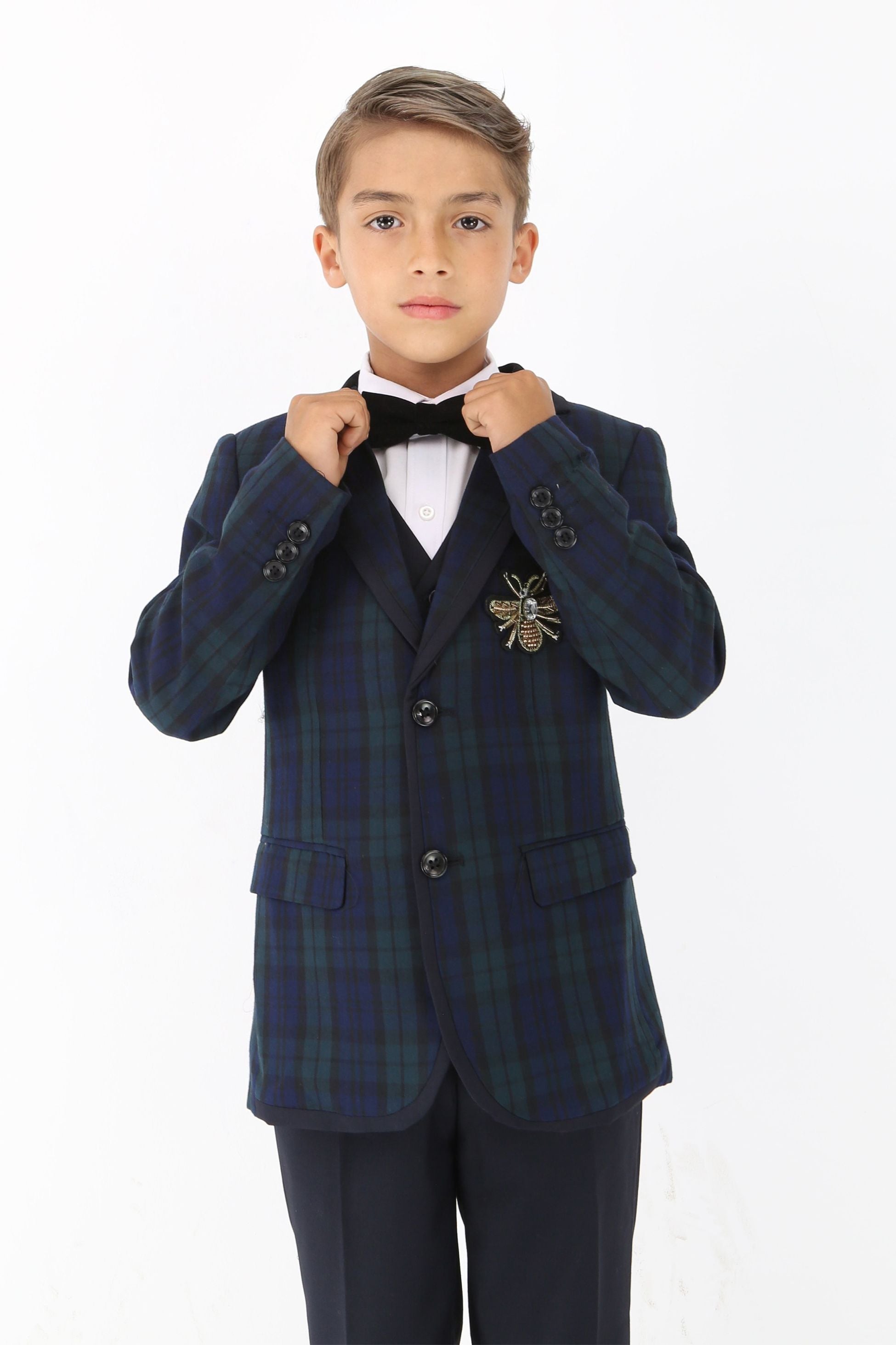 Stylish Boys Tartan Plaid Suit - Navy Blue - Green