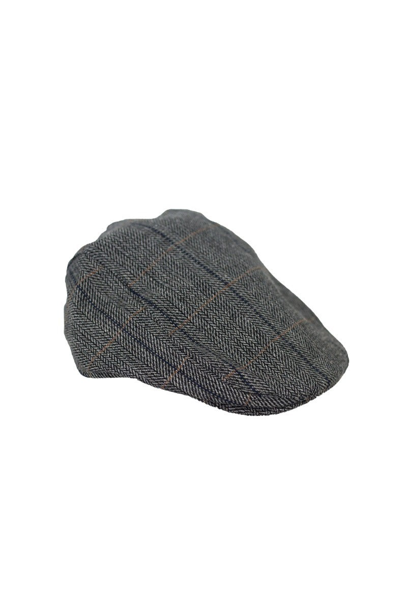 Men's Tweed Herringbone Check Classic Flat Cap - ALBERT - Grey