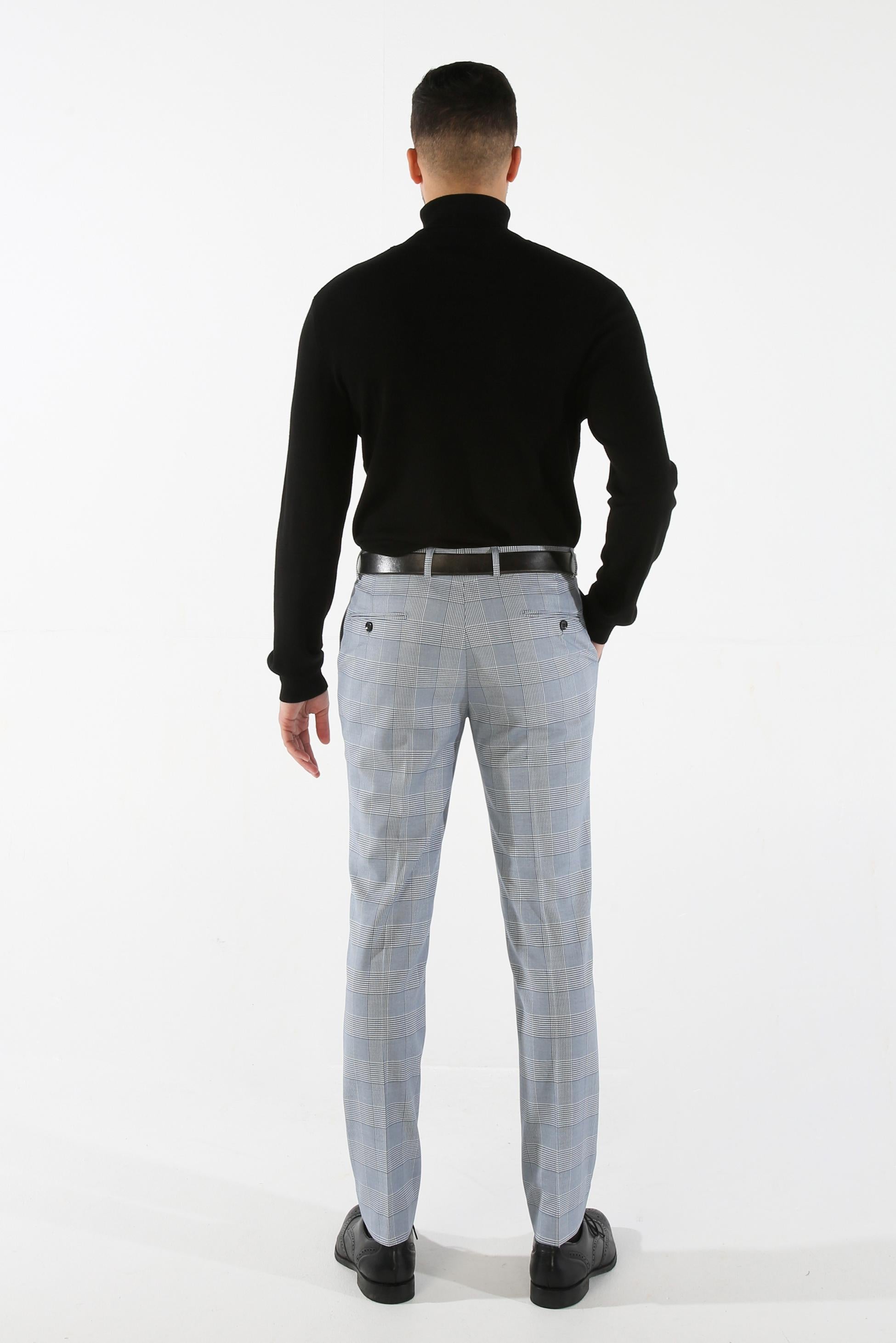 Men's Houndstooth Check Sky Blue Trousers - MARK - Blue