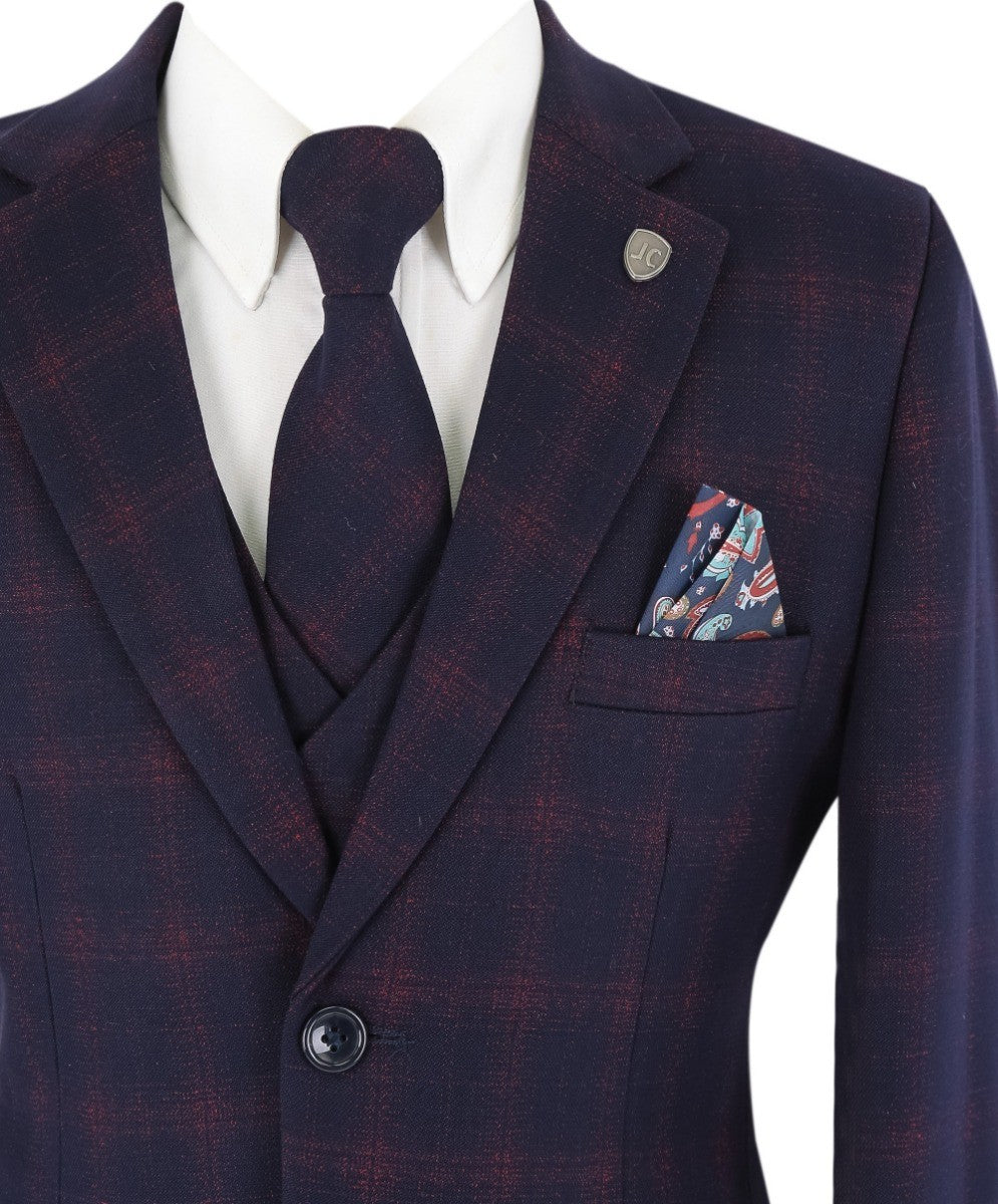 Boys Retro Check Tailored Fit Navy Suit - Navy Blue and Burgundy