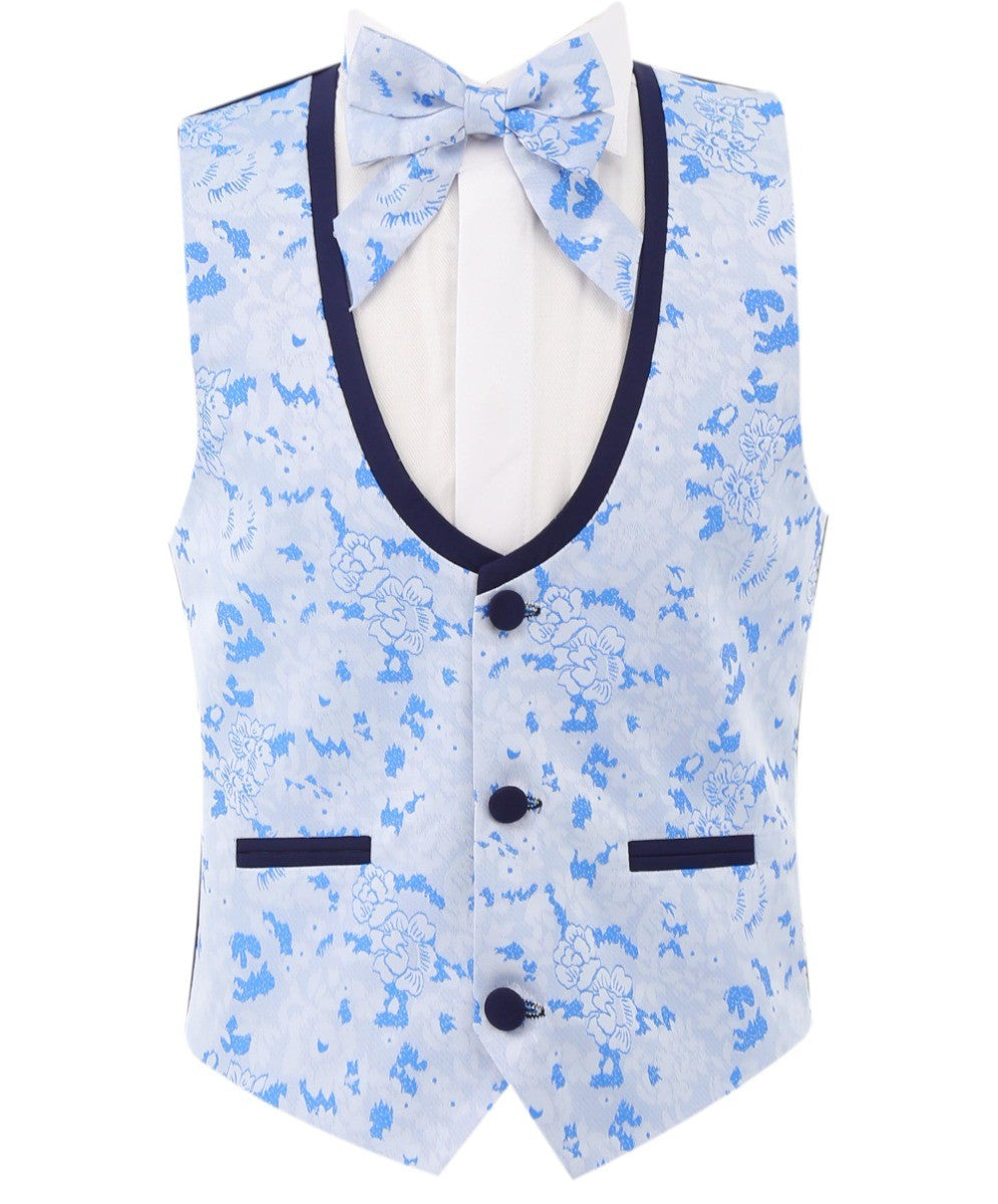 Boys Slim Fit Floral Blue Tuxedo Suit Set - Blue