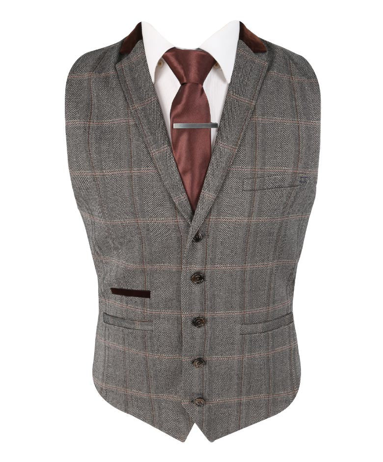 Men's Slim Fit Tweed Check Retro Suit - Connall Brown - Brown