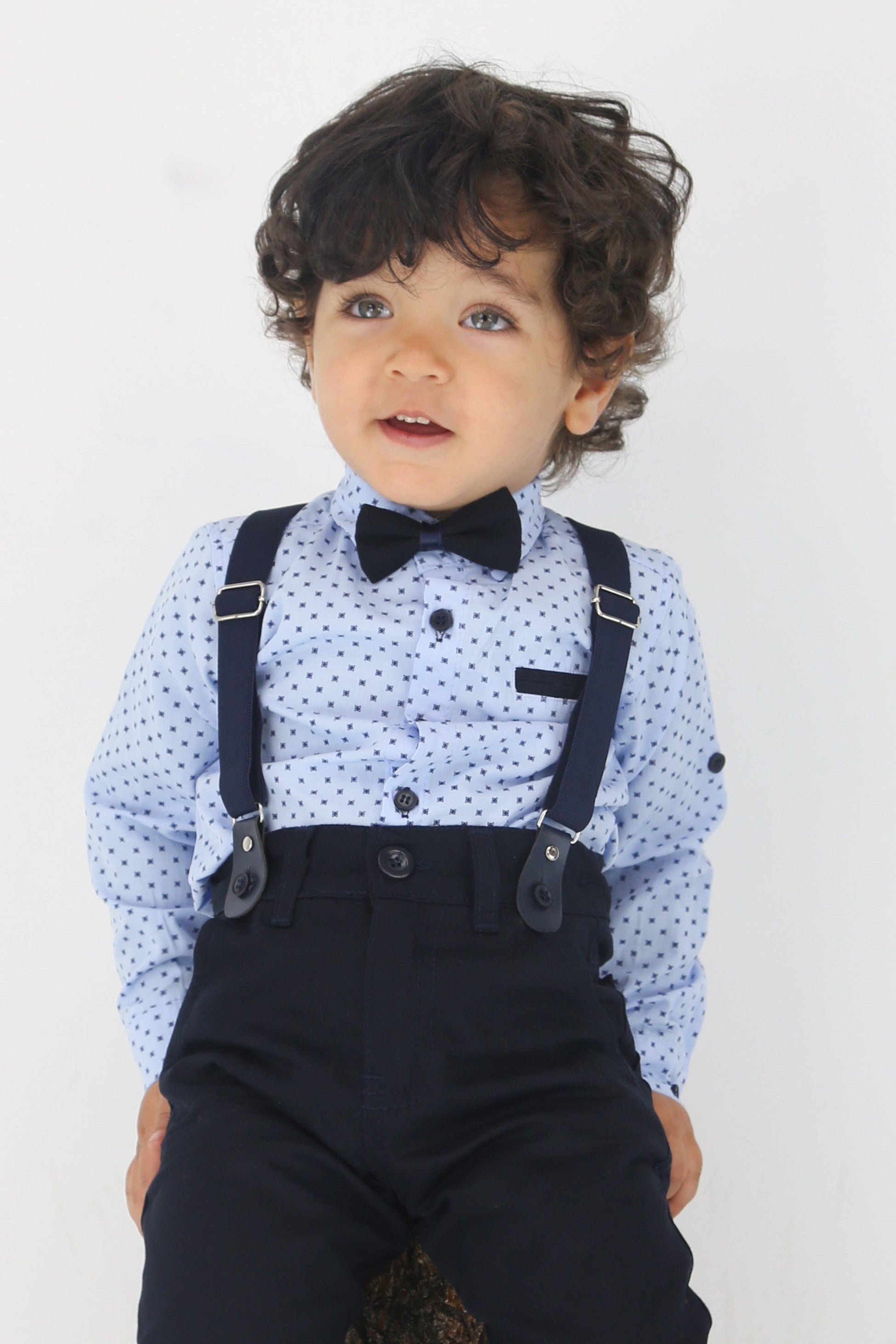 Baby & Boys Gentleman Outfit - 4 PC Suspenders Pant Suit Set - KELEBEK - Light Blue - Navy