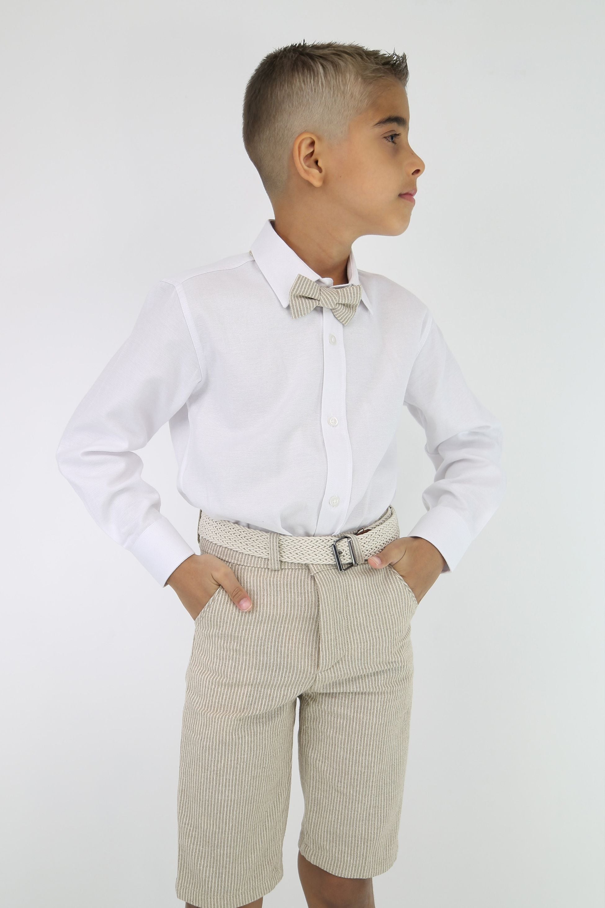 Boys Striped Cotton Seersucker Short Suit – ALEXANDER - Camel Beige