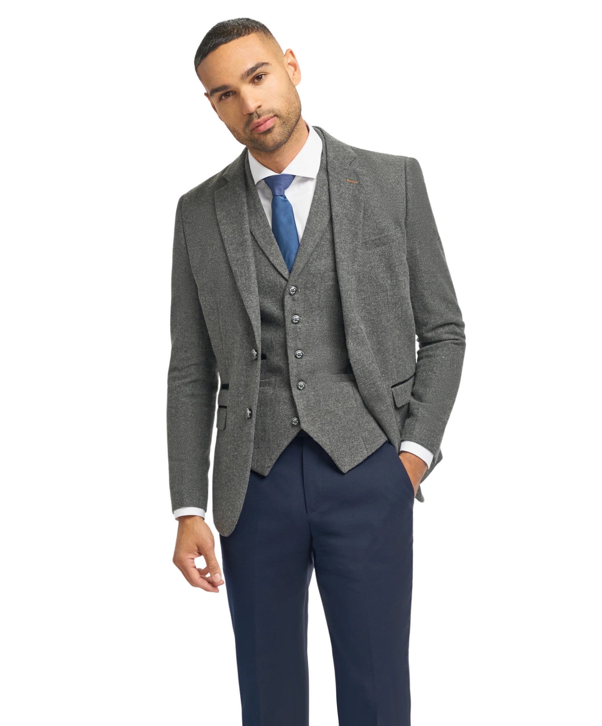 Men's Grey Herringbone Tweed Jacket and Waistcoat with Slim Fit Navy Blue Trousers - Grey - Navy Blue