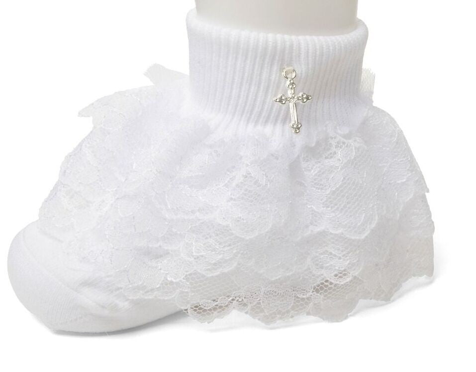 Girls' White Lace Frill Socks with Cross Charm - SILVIA - White