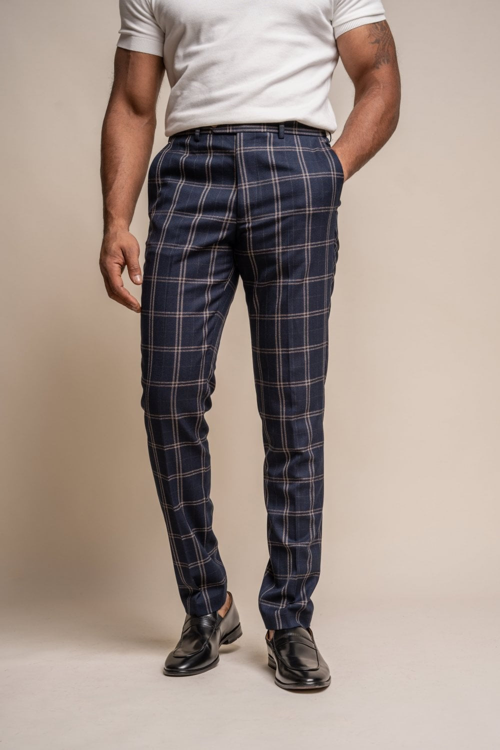 Men's Retro Check Navy Slim Fit Suit - HARDY - Navy Blue