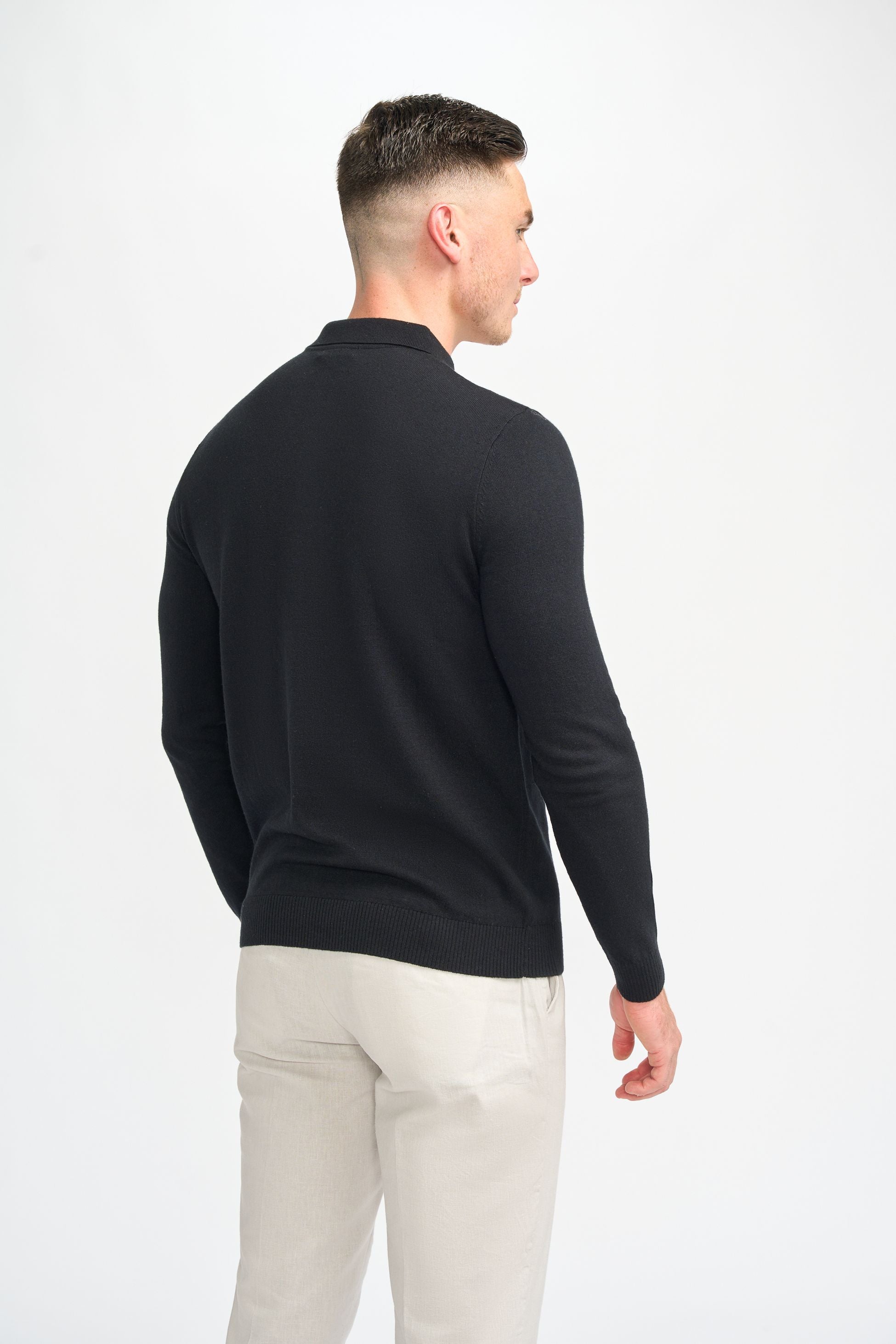 Men’s Wool Knit Long Sleeve Polo Shirt - Boom - Black