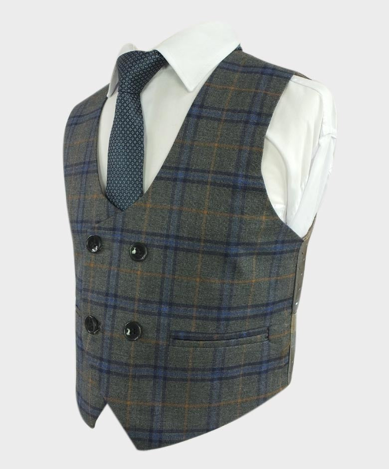 Boys Tailored Fit Windowpane Check Grey Suit - Blue - Orange