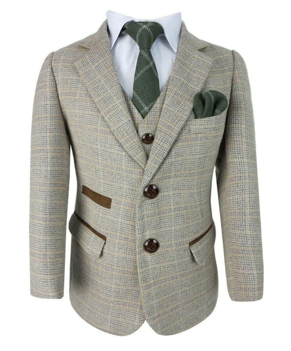 Boys Tweed Check Tailored Fit Beige Formal Suit - HOLLAND - Beige - Brown