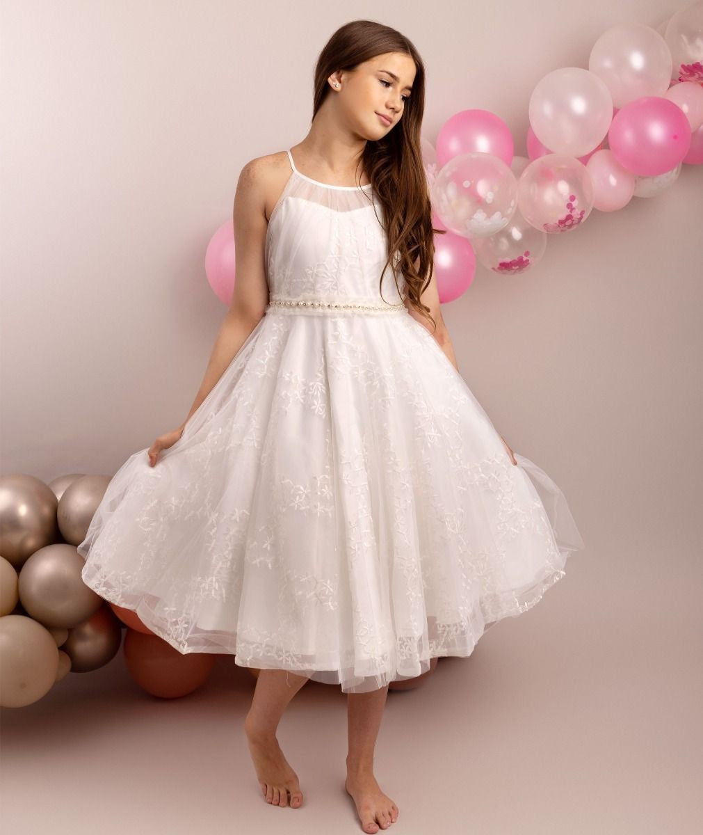 Girls' Ivory Halter Neckline Tulle Dress - GIA - Ivory