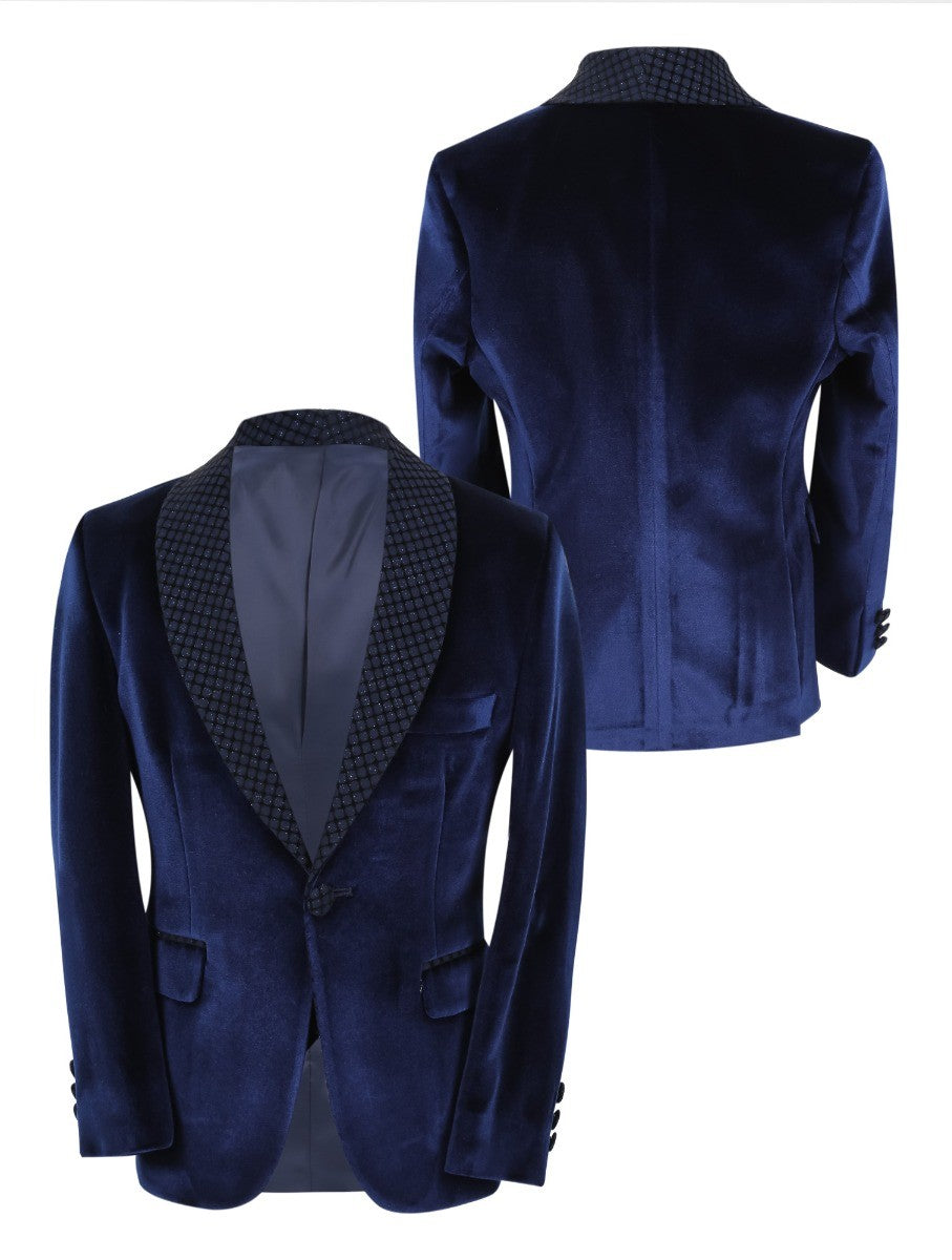 Boys Velvet Slim Fit Tuxedo Dinner Suit - Navy Blue