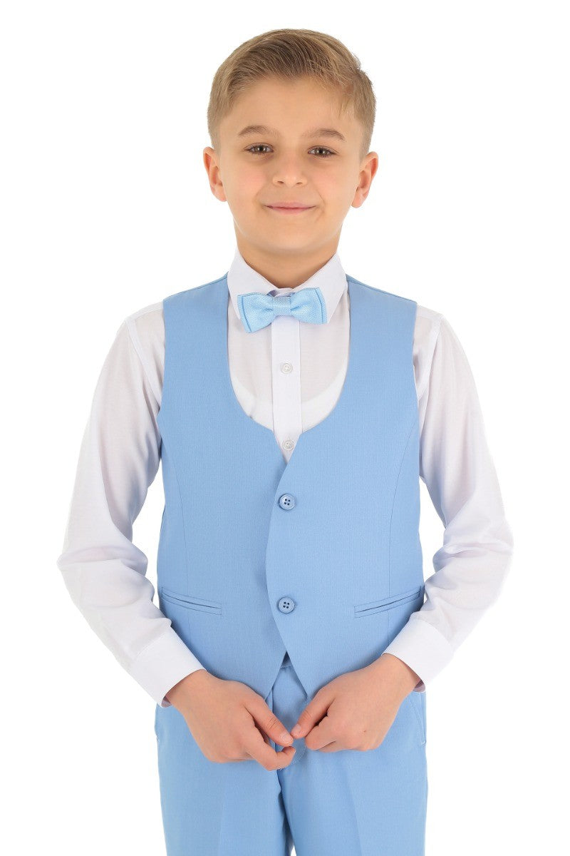 Boys Slim Fit Herringbone 8 Piece Suit Set - KING - Sky Blue