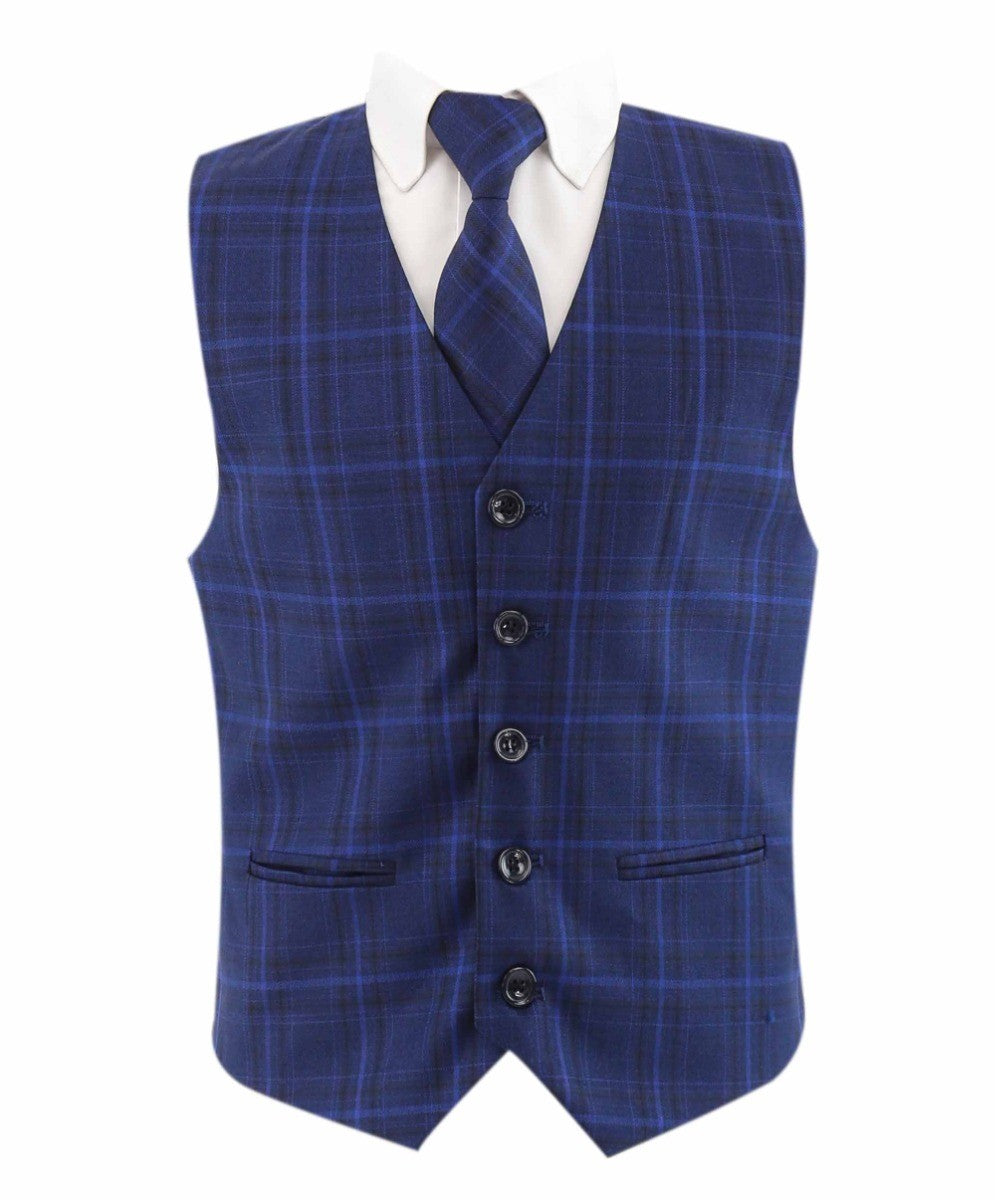 Boys Retro Check Tailored Fit Blue Suit - MATTHEW - Dark Blue