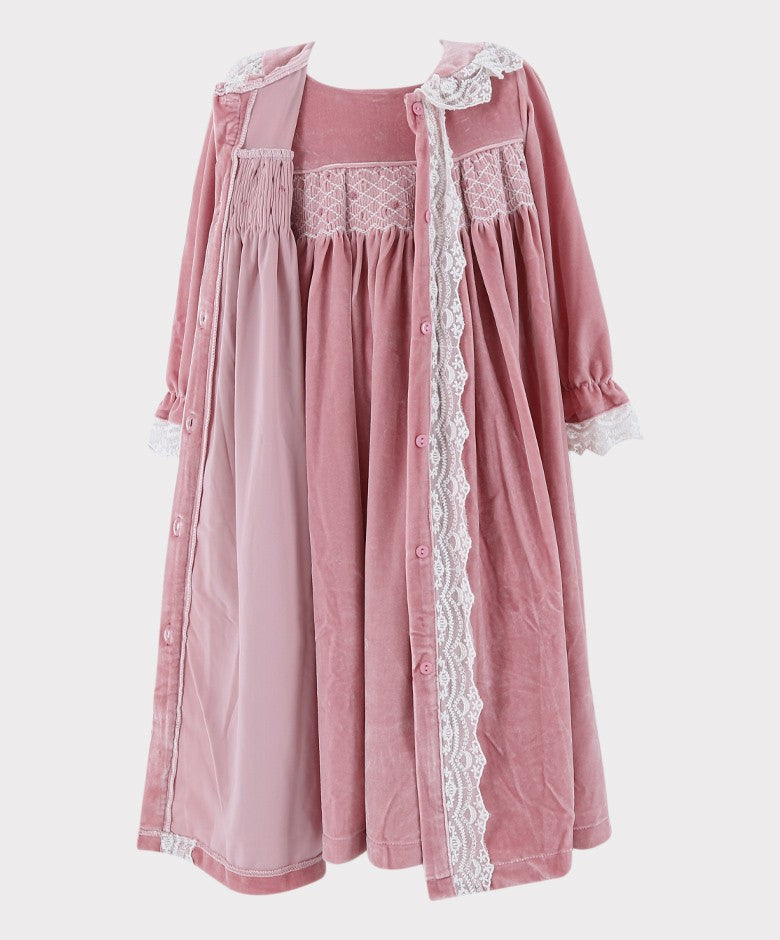 Girls Smocked Velvet Sleeping Gown 2 Pieces Set - Pink