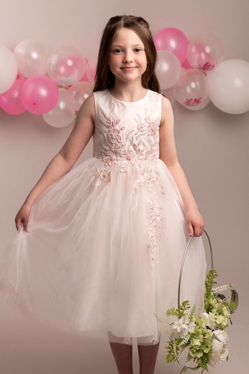 Girls Floral Embroidered Dress with Tulle Skirt - NYRA - Blush Pink