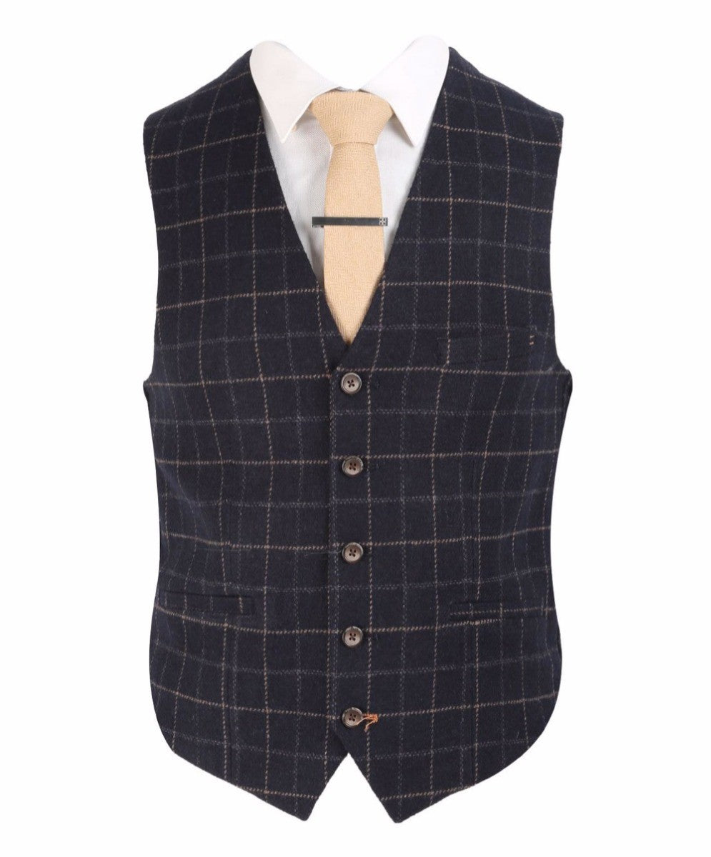 Men's Tweed Check Slim Fit Navy Waistcoat- SHELBY - Navy Blue