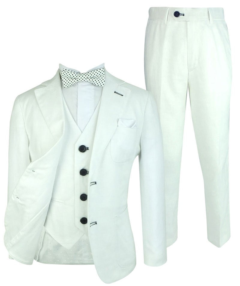 Boys Linen Suit with Elbo Patches - White