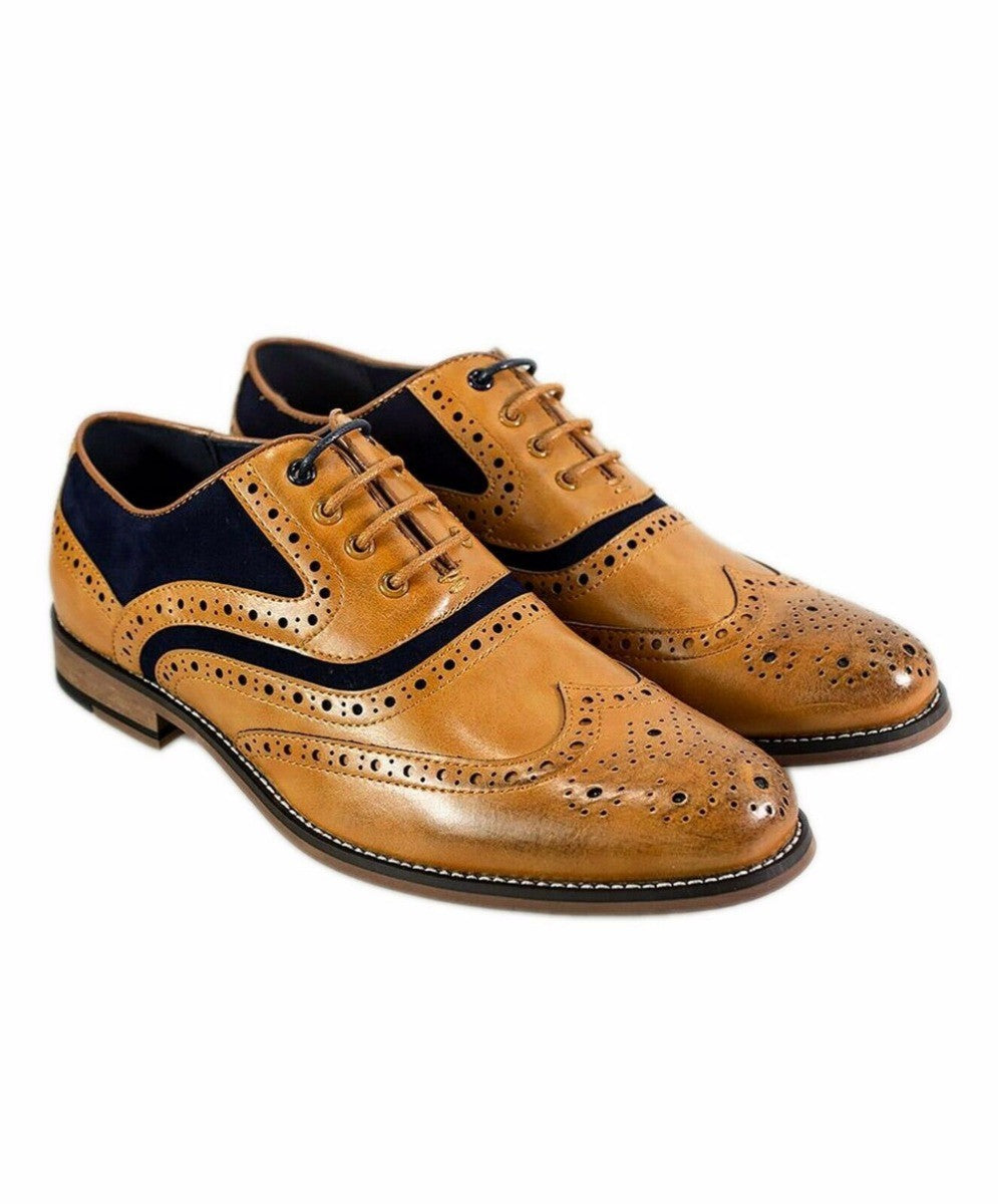 Men's Suede & Leather Oxford Brogue Shoes - ETHAN - Tan Brown - Navy Blue