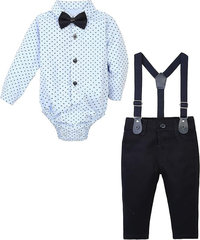 Baby & Boys Gentleman Outfit - 4 PC Suspenders Pant Suit Set - KELEBEK - Light Blue - Navy