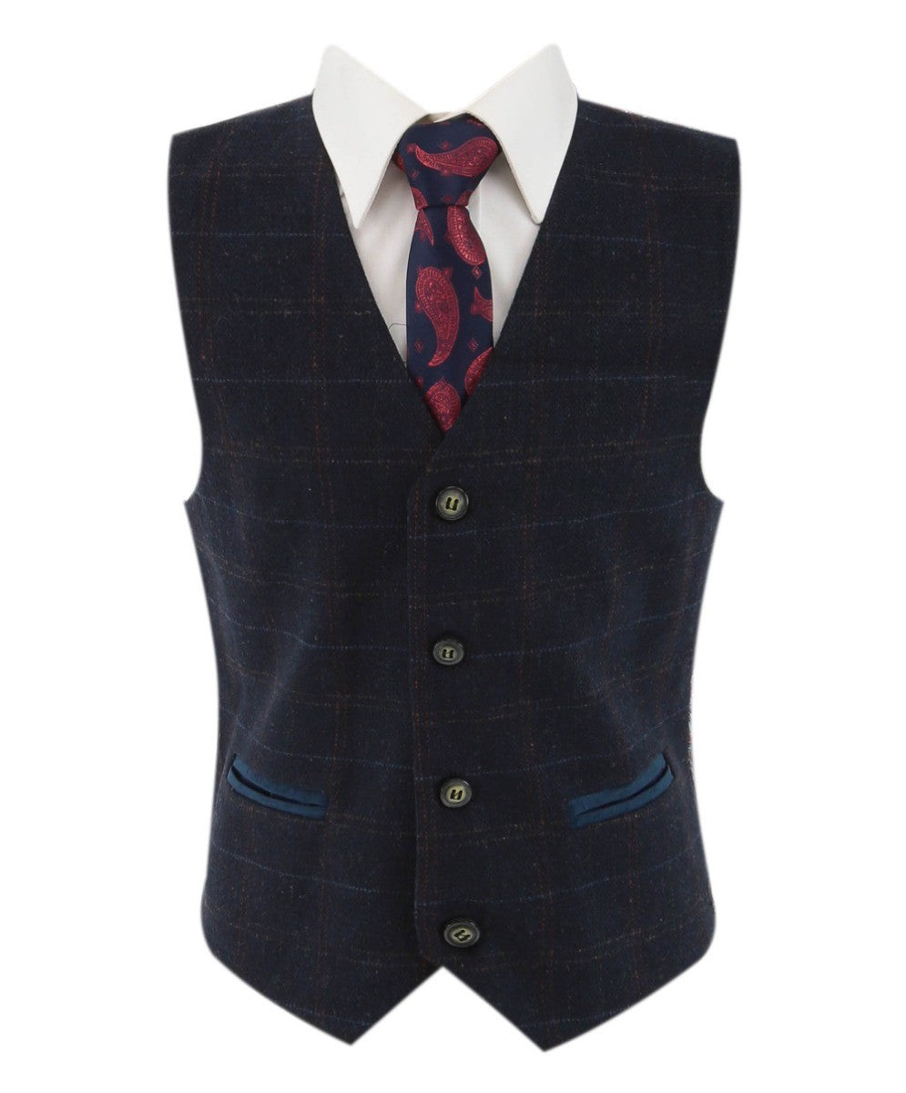 Boys Tweed Windowpane Check Tailored Fit Suit - Ryan Navy - Navy Blue