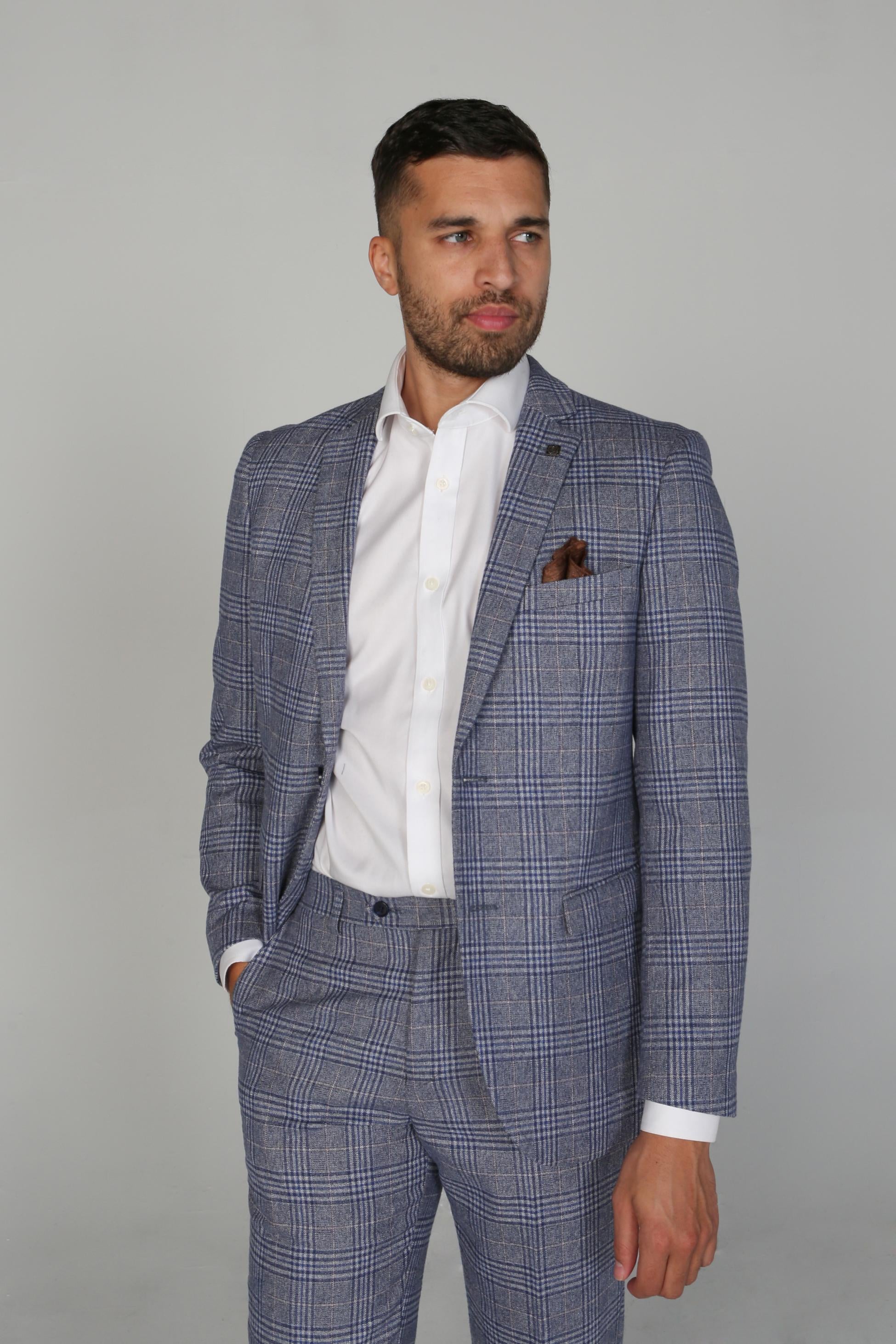 Men's Retro Check Tailored Fit Blue Suit  - VICTOR - Blue