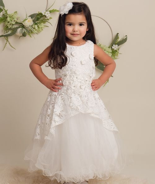 Girls Ivory Flower Lace Overlay Tulle Dress - RUBY - Ivory