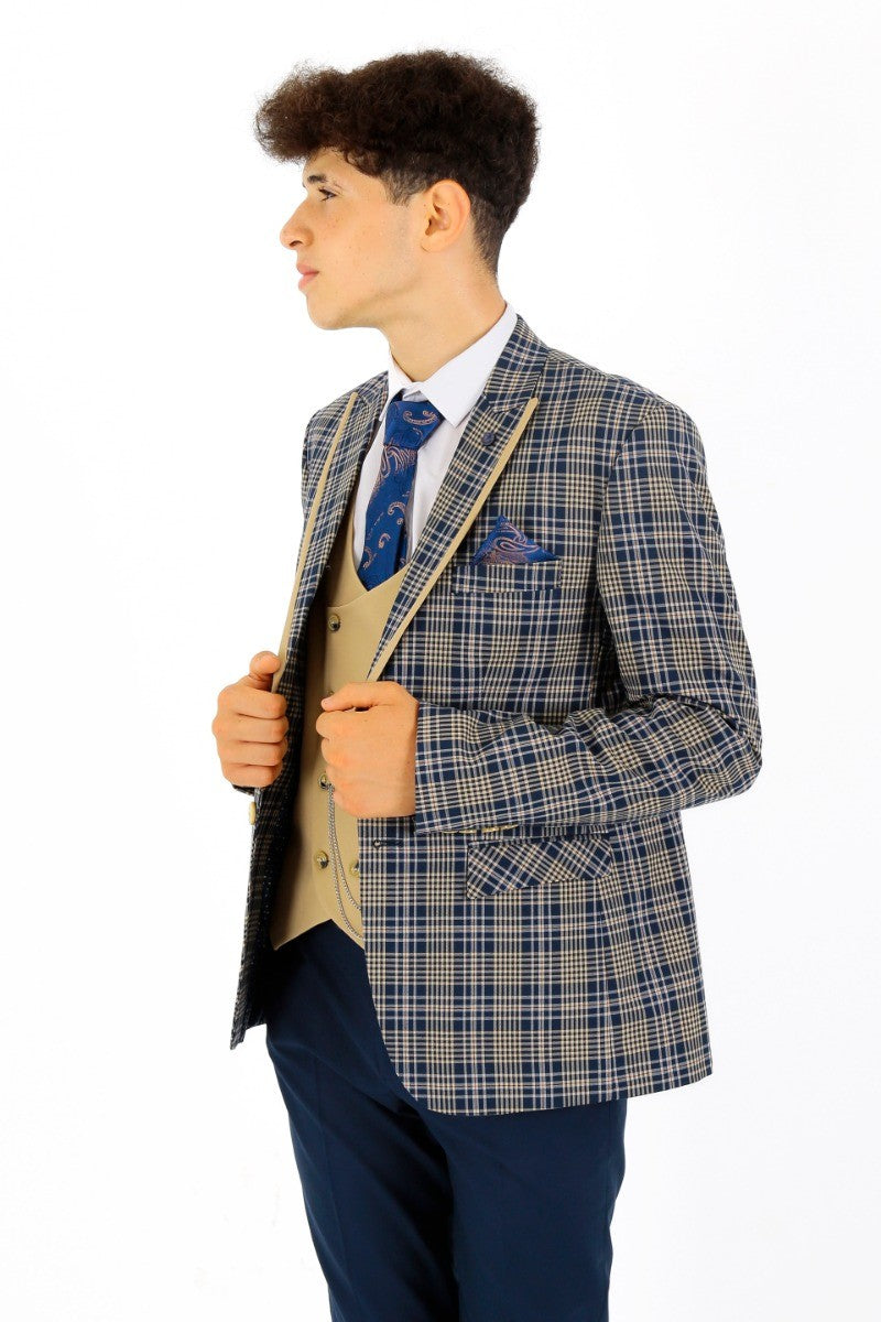 Boys Plaid Check Slim Fit Suit - Navy Blue- Beige