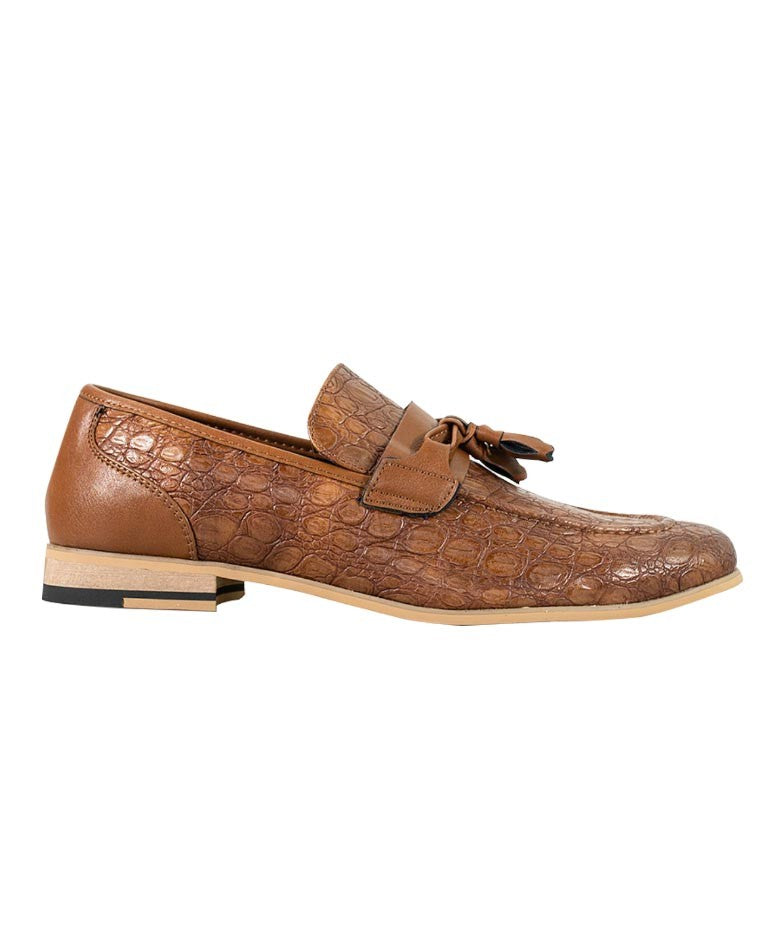 Men's Crocodile Embossed Tassel Loafers- BRINDISI - Light Brown