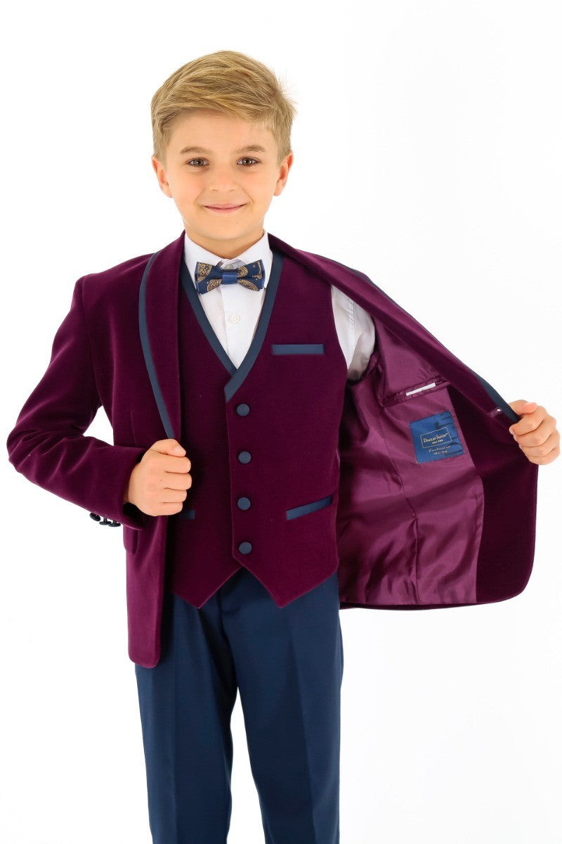 Boys Slim Fit Piping Velvet Tuxedo Suit - LONDON - Purple