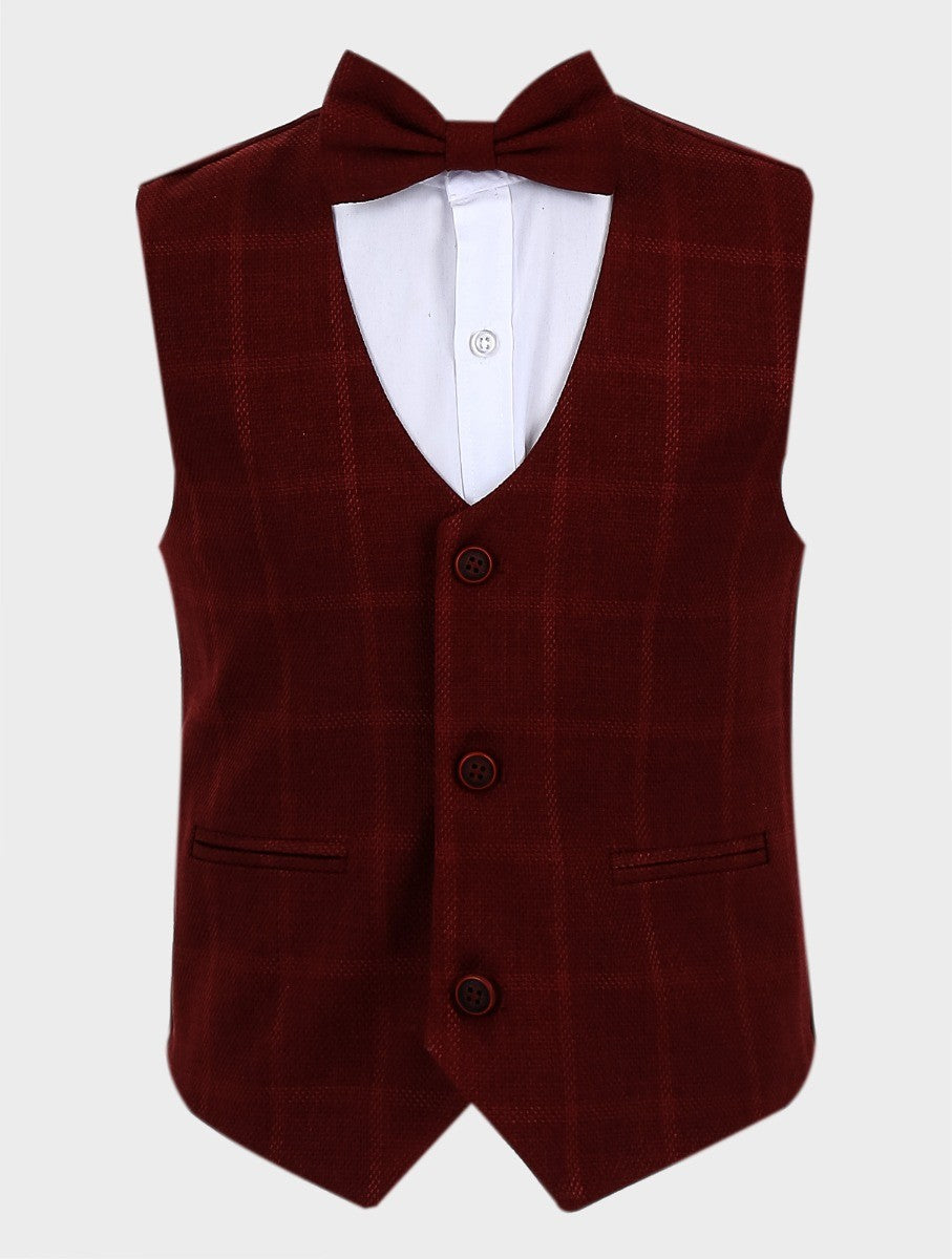 Boys Tweed Windowpane Check Cotton Waistcoat - Burgundy