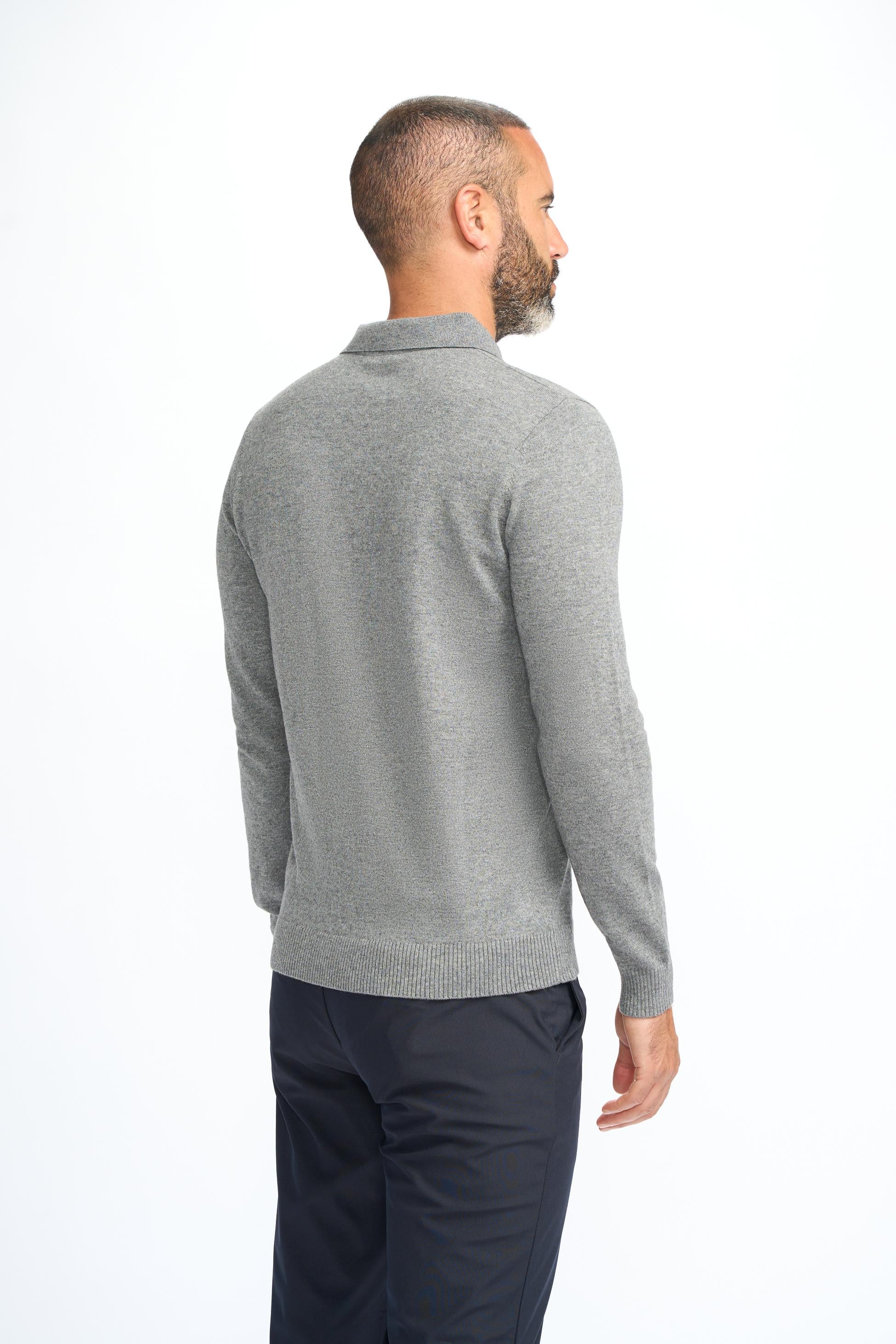 Men’s Wool Knit Long Sleeve Polo Shirt - Boom - Grey