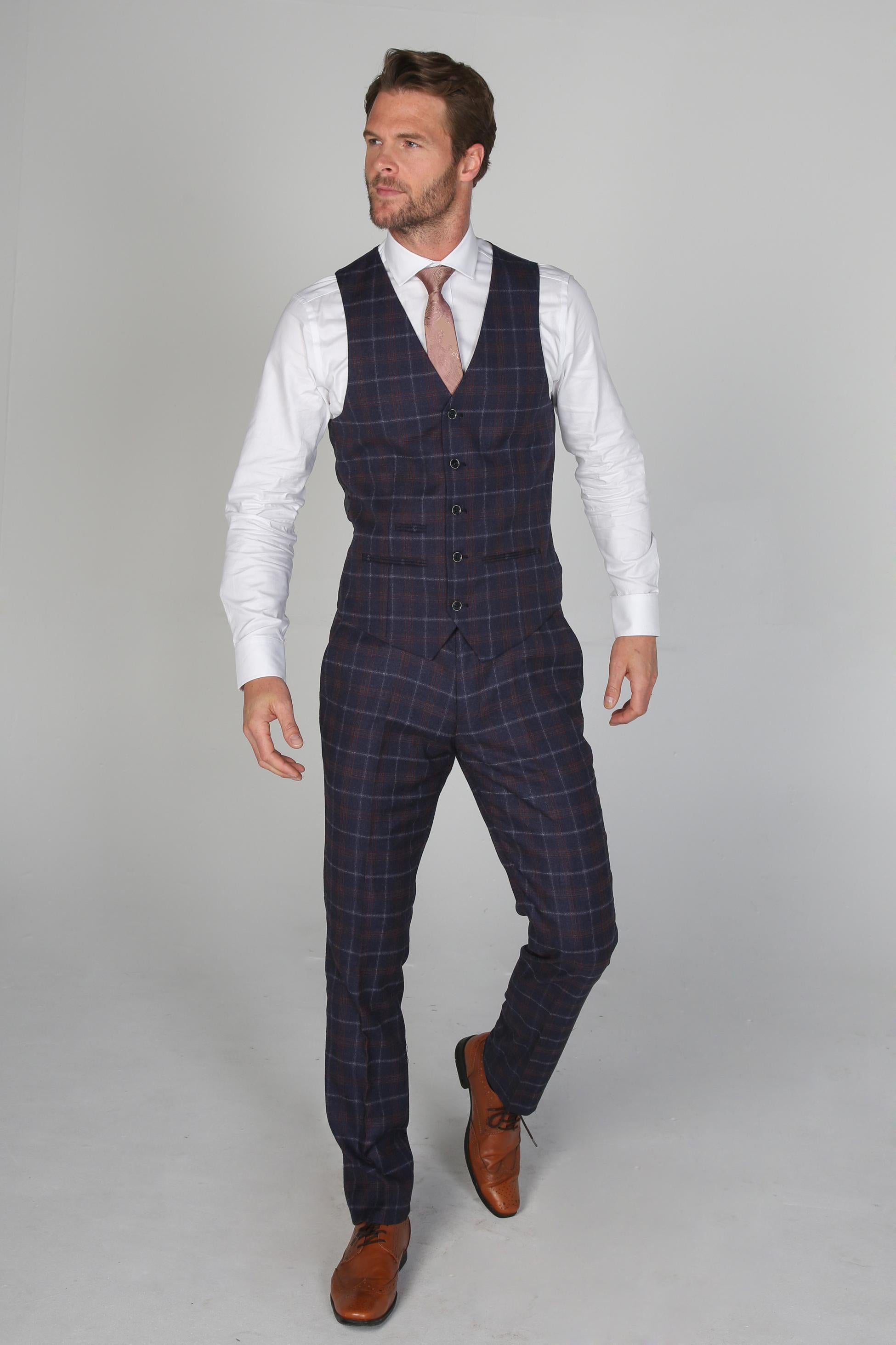 Men's Tailored Fit Retro Check Suit - KENNETH - Navy Blue - Maroon