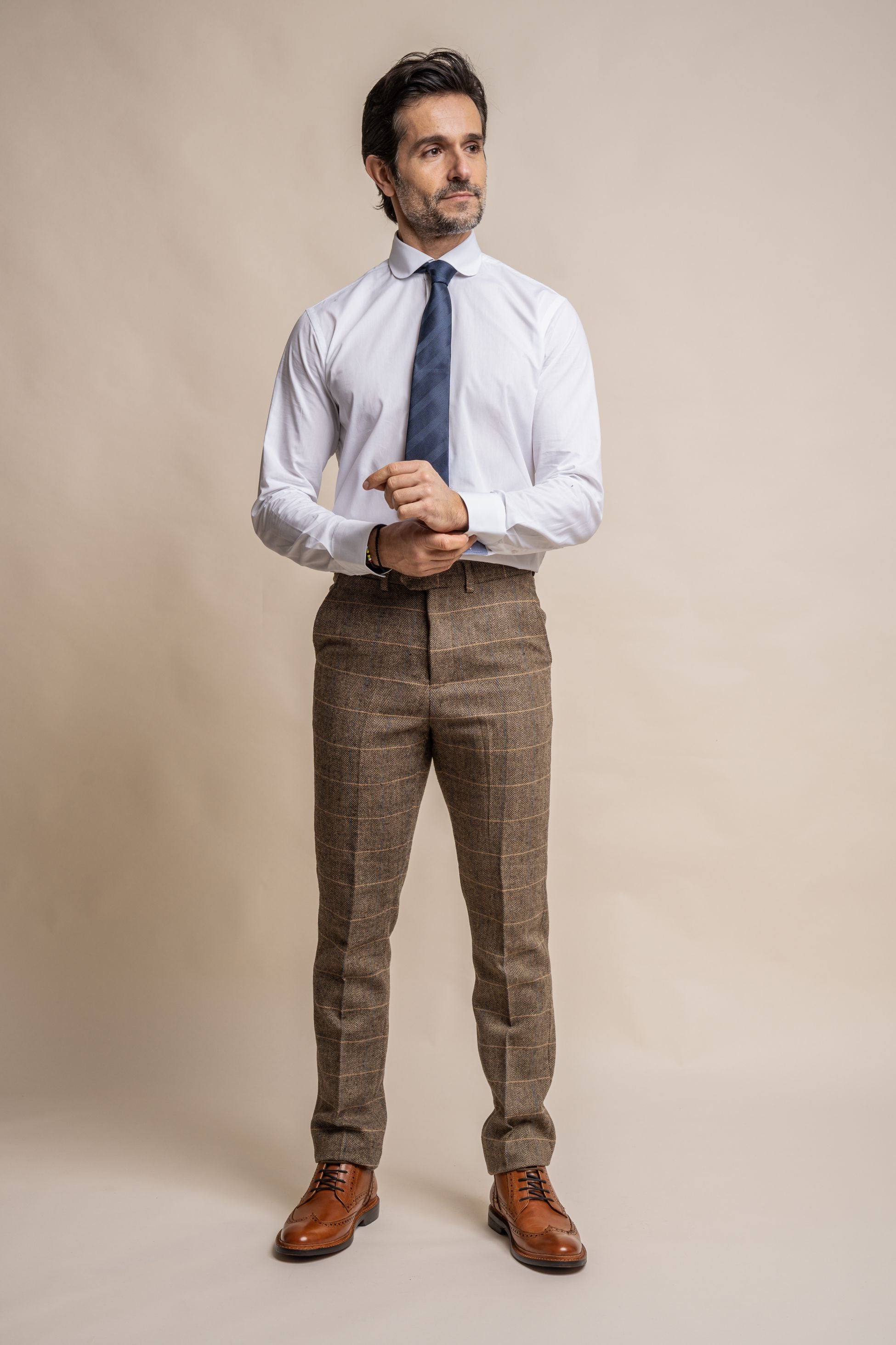 Men's Wool Blend Herringbone Check Trousers - Albert - Tan Brown