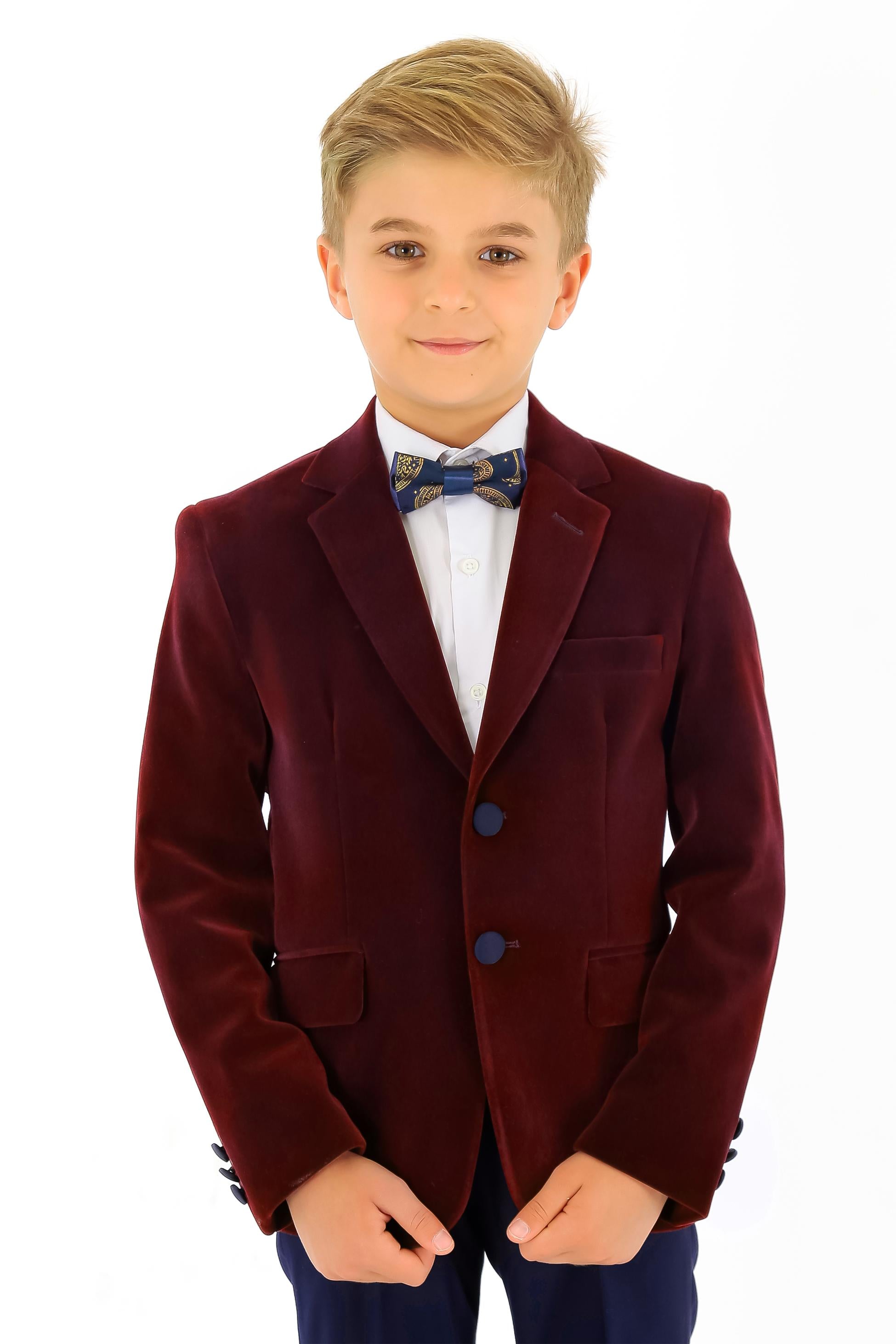 Boys Velvet Slim Fit Formal Blazer - Hackney - Burgundy