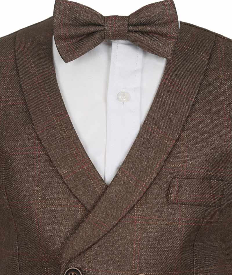 Men's and Boys Tweed Check Waistcoat Set - Maroon- Brown