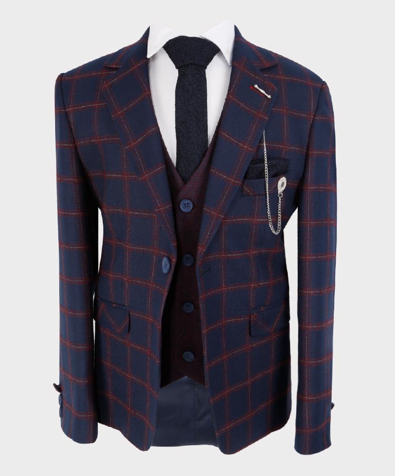 Boys Tailored Fit Windowpane Retro Check Suit - Navy Blue -Maroon