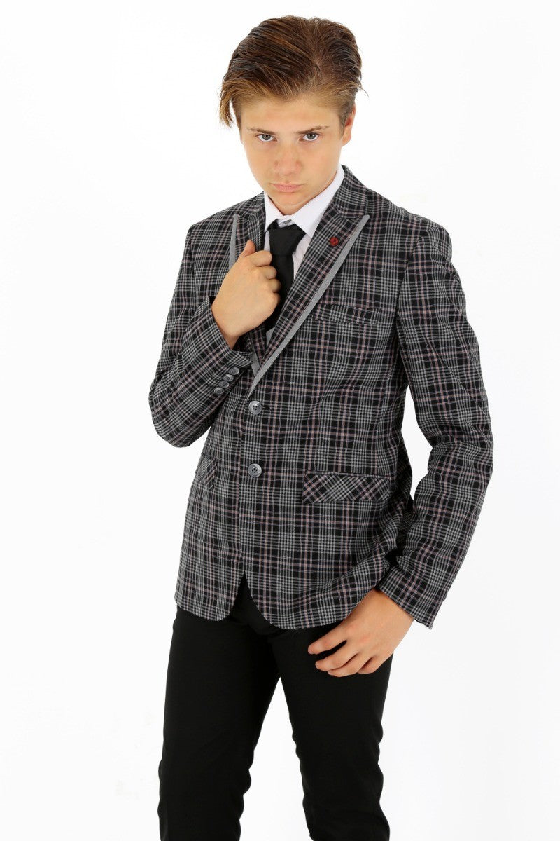 Boys Plaid Check Slim Fit Suit - Black - Grey