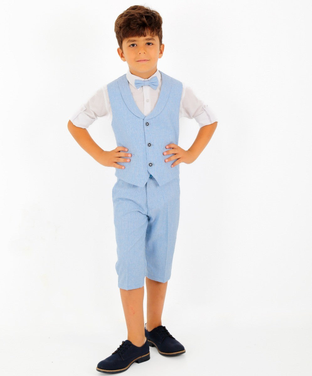 Boys Linen Waistcoat Suit Set - Light Blue