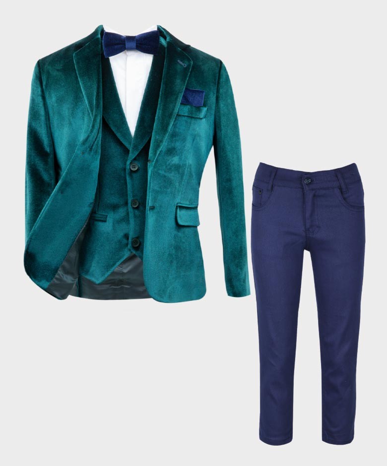 Boys Tailored Fit Velvet Suit with Elbow Patches - Green