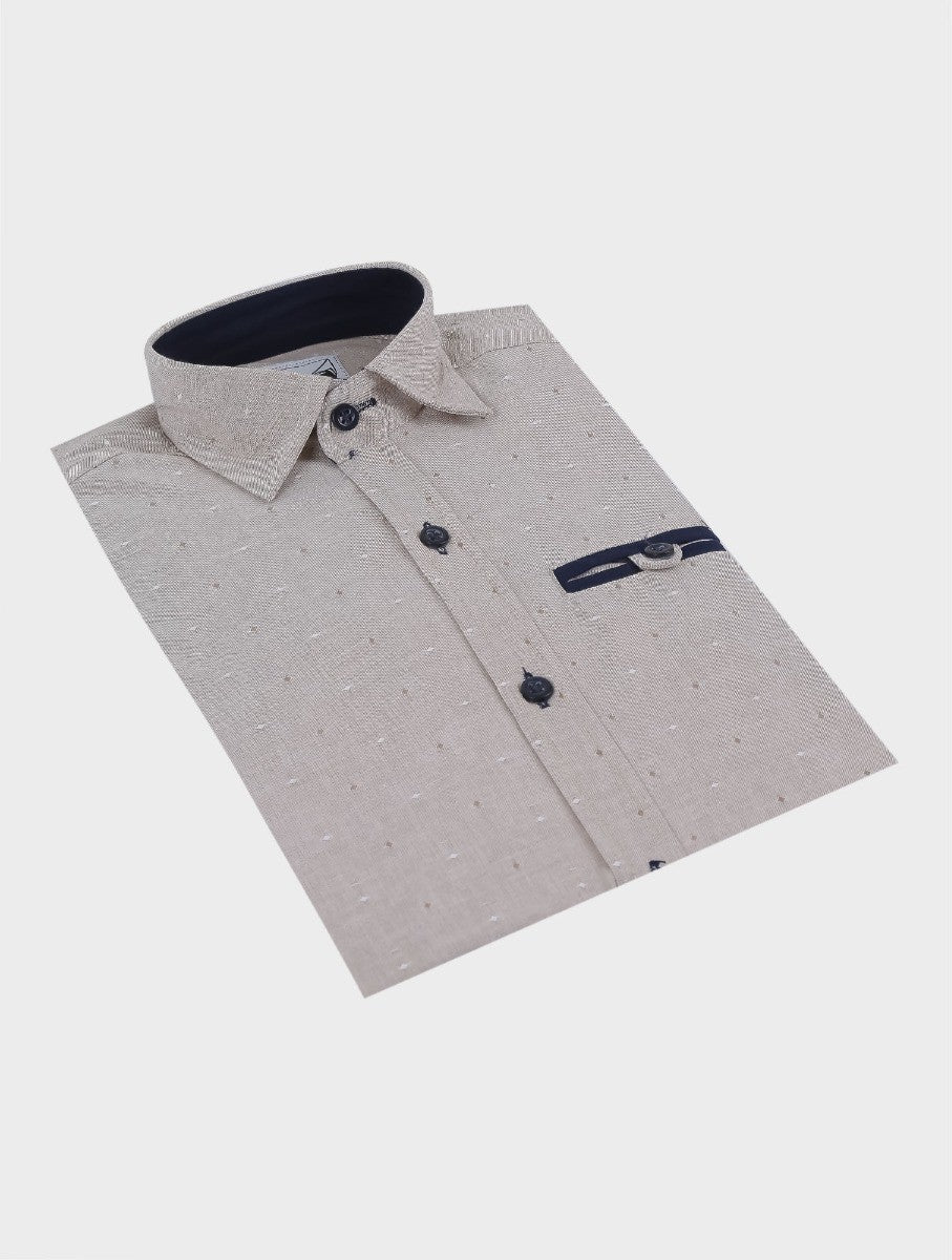 Boys Oxford Dotted Slim Fit Long Sleeve Shirt - Beige