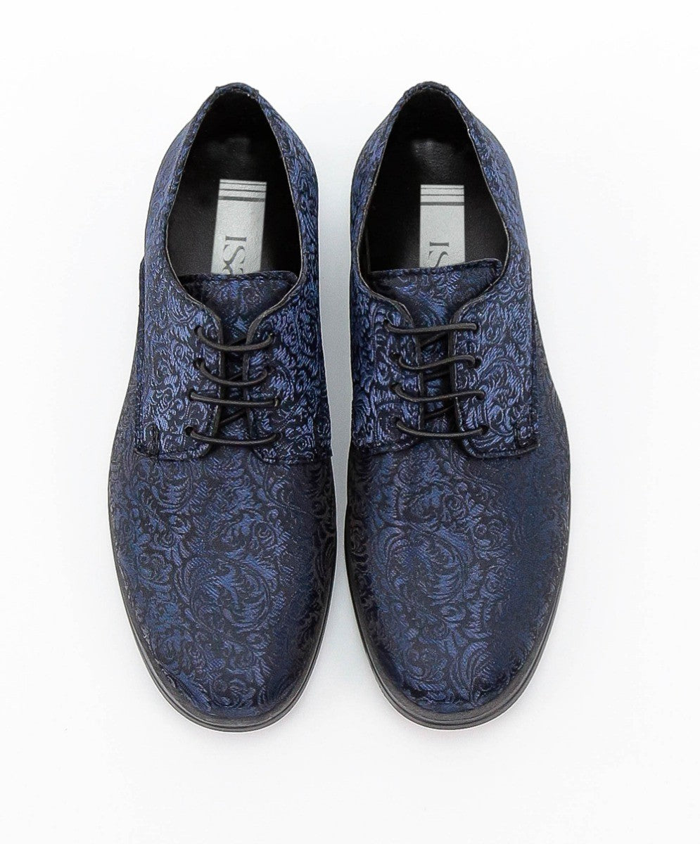 Boys Paisley Patterned Lace Up Derby Shoes - Navy Blue - Black